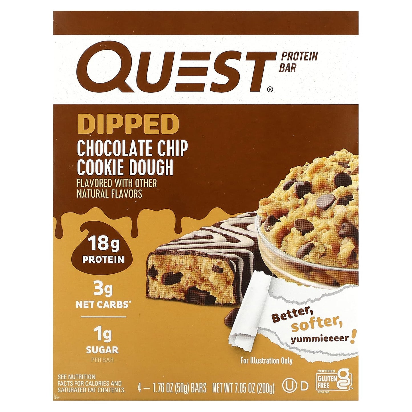 Quest Nutrition-Protein Bar-Dipped-Chocolate Chip Cookie Dough-4 Bars-1.76 oz (50 g) Each