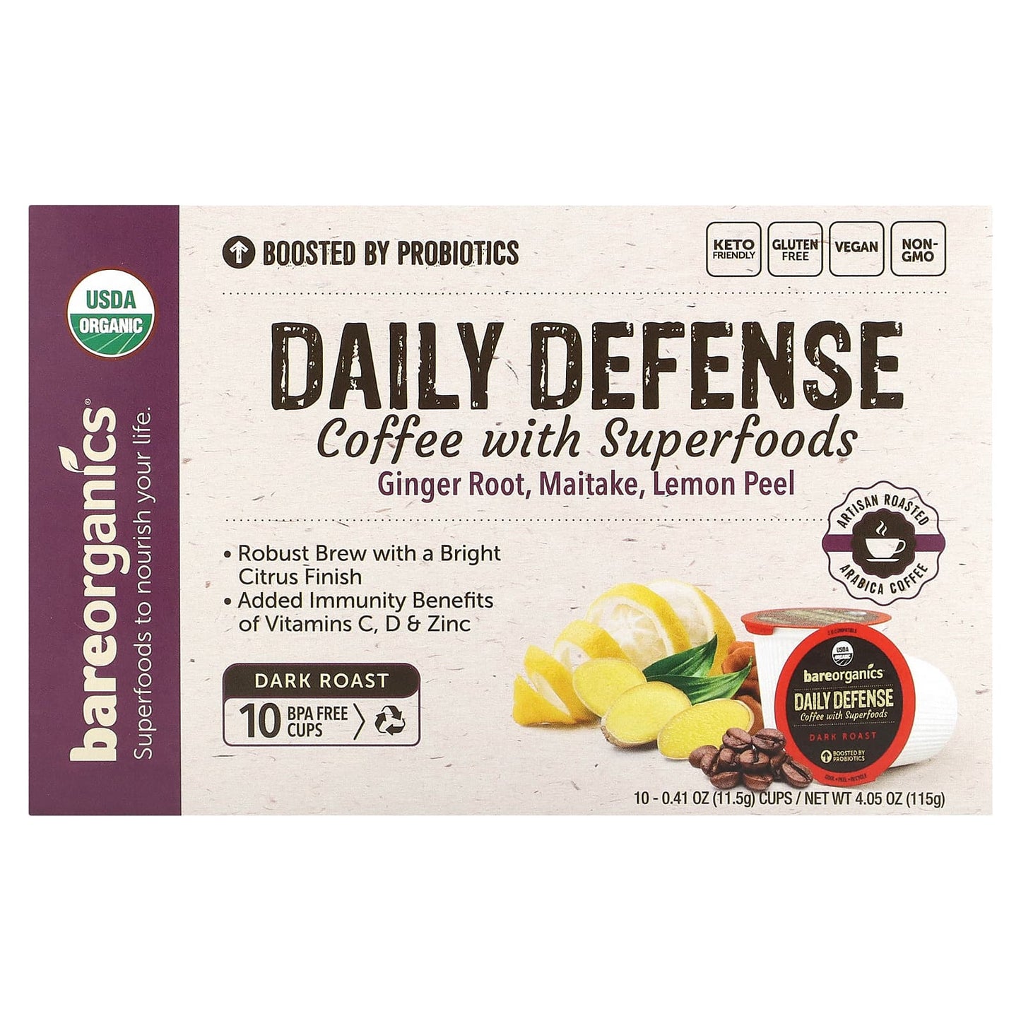 BareOrganics-Daily Defense-Coffee with Superfoods-Dark Roast-10 Cups-0.41 oz (11.5 g) Each