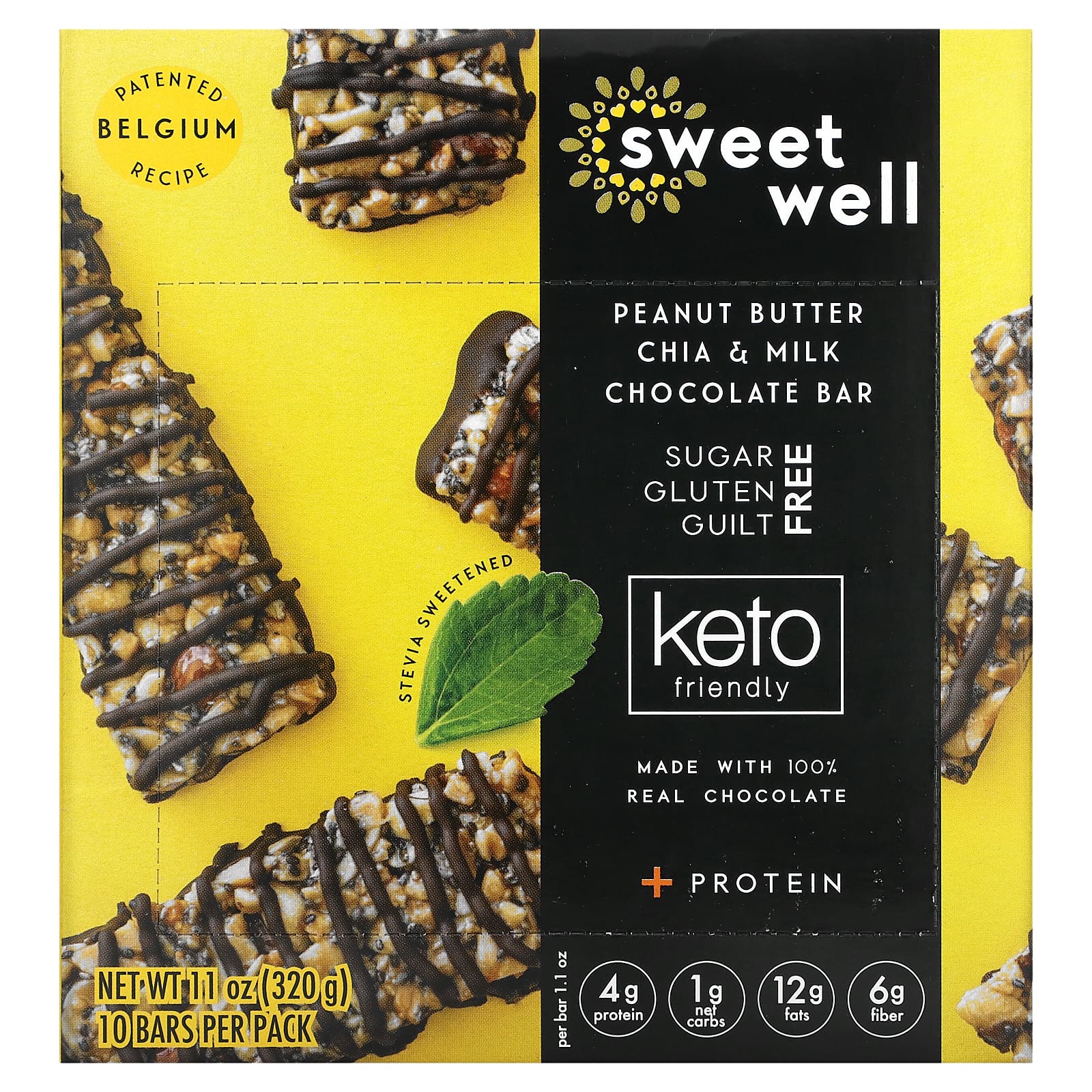 Sweetwell-Peanut Butter Chia & Milk Chocolate Bar-Protein-Keto Friendly-10 Bars-1.1 oz (32 g) Each