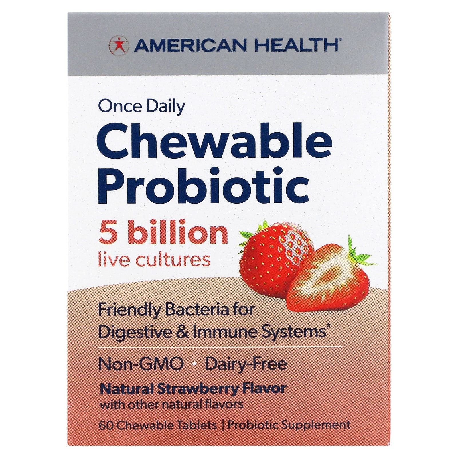 American Health-Once Daily Chewable Probiotic-Natural Strawberry-5 Billion CFU-60 Chewable Tablets