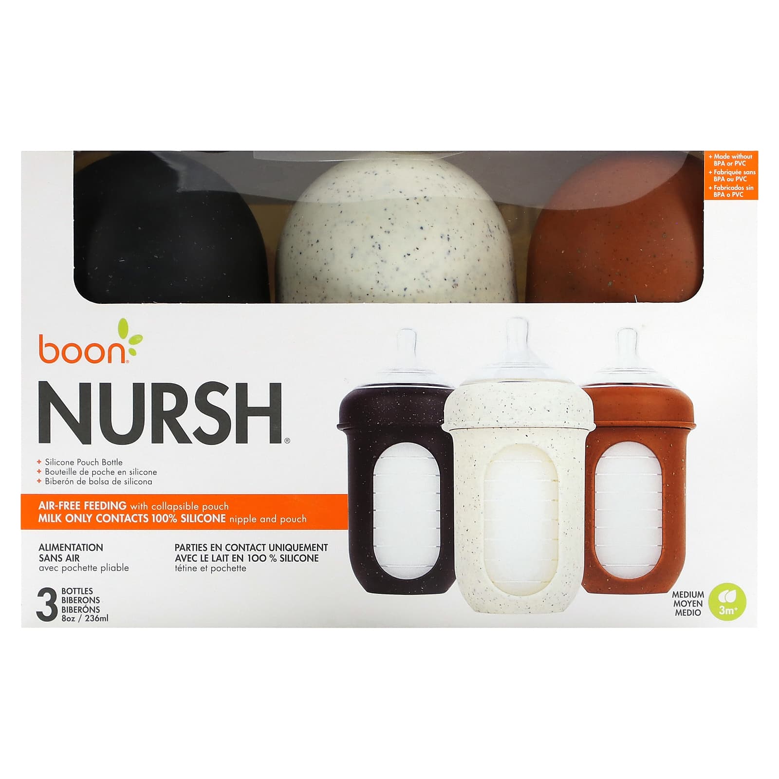 Boon-Nursh-Silicone Pouch Bottle-Medium-3 Months +-3 Bottles-8 oz (236 ml) Each