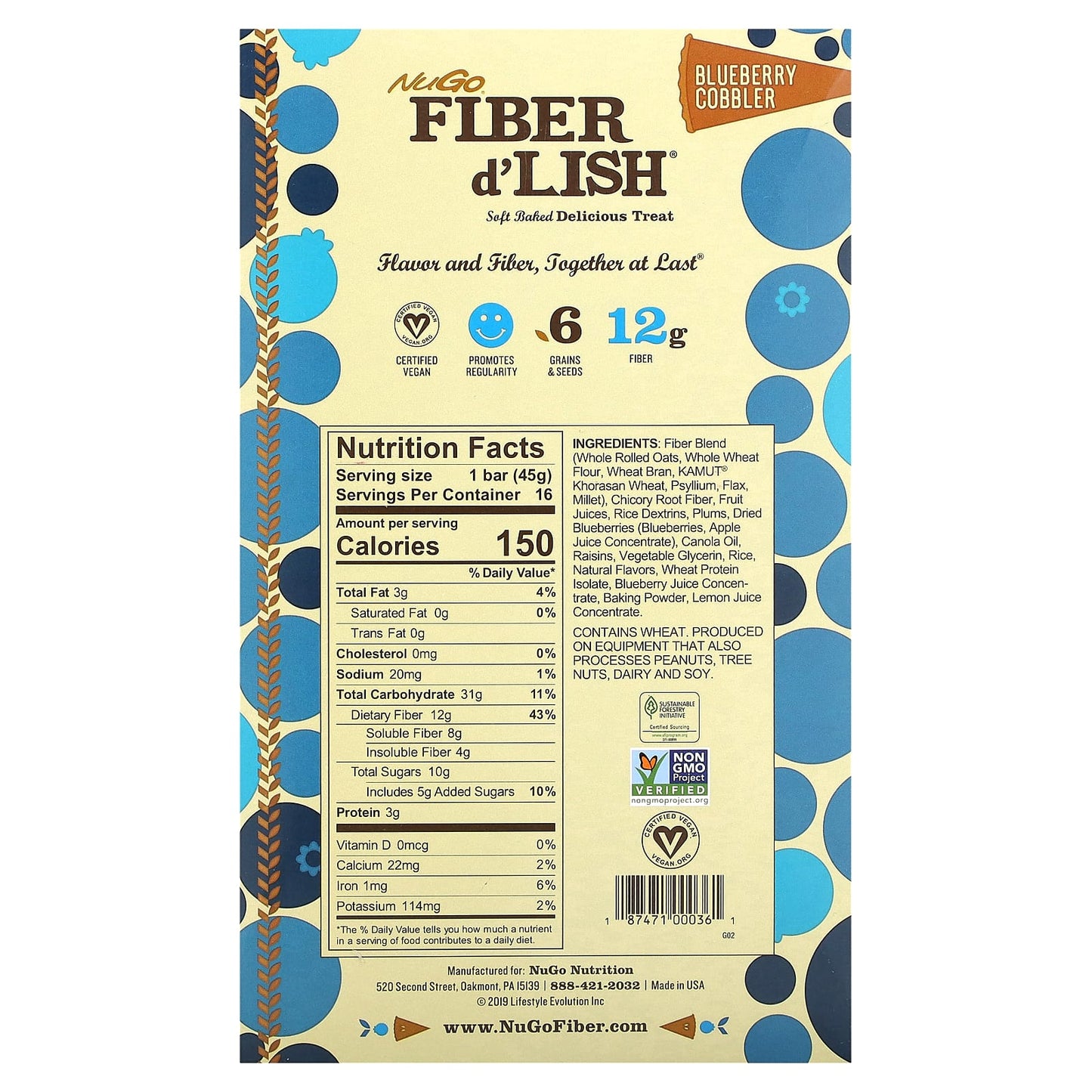 NuGo Nutrition, Fiber d'Lish, Blueberry Cobbler, 16 Bars 1.6 oz (45 g) Each