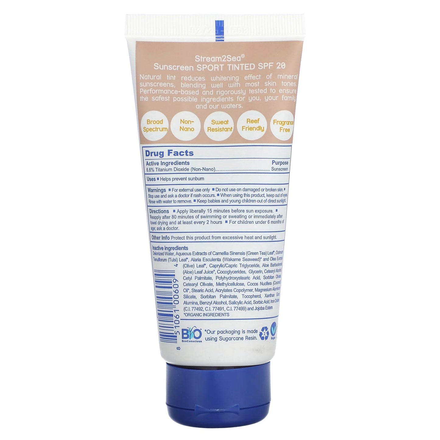 Stream2Sea, Tinted Sunscreen, Sport, SPF 20, Neutral, Fragrance Free, 3 fl oz (90 ml)