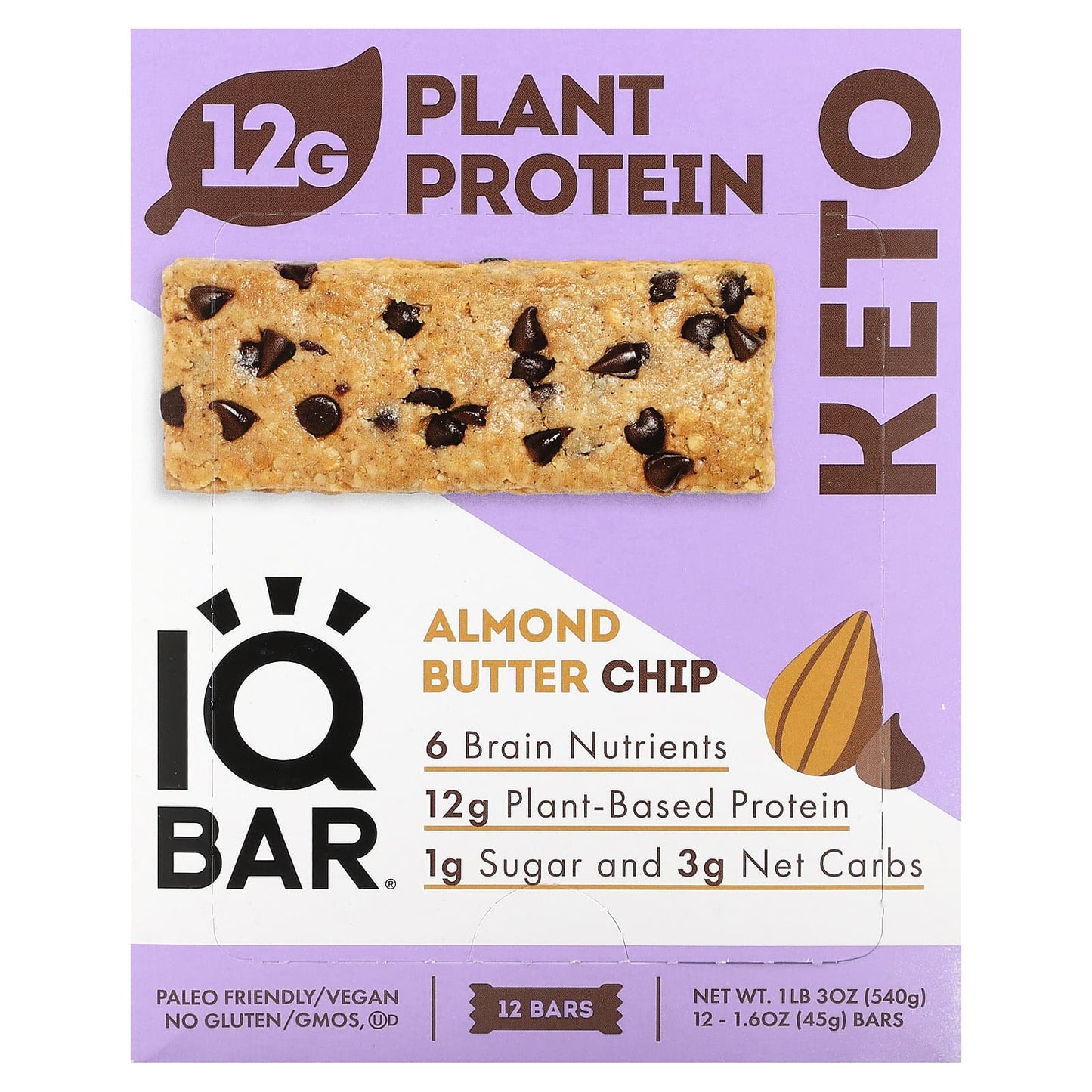 IQBAR-Plant Protein Bar-Almond Butter Chip-12 Bars-1.6 oz (45 g) Each