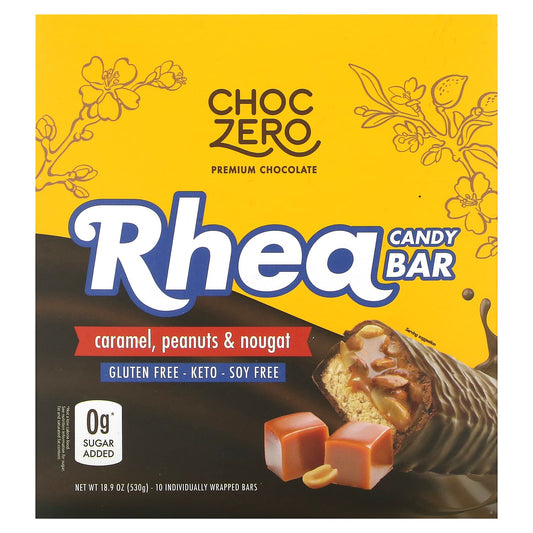 ChocZero-Rhea Candy Bar-Caramel-Peanuts & Nougat-10 Individually Wrapped Bars-1.86 oz (53 g)