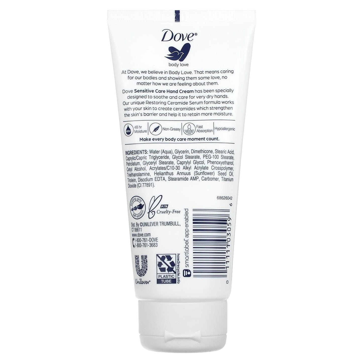 Dove, Body Love, Hand Cream, Sensitive Skin, Fragrance Free, 3 fl oz (88.5 ml)