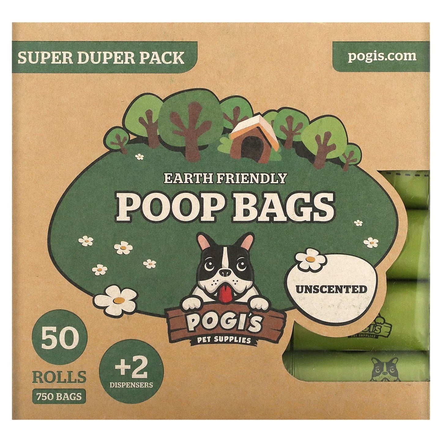 Pogi's Pet Supplies-Earth Friendly Poop Bags-Super Duper Pack-Unscented-50 Rolls-750 Bags-2 Dispensers