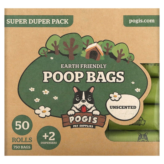 Pogi's Pet Supplies-Earth Friendly Poop Bags-Super Duper Pack-Unscented-50 Rolls-750 Bags-2 Dispensers