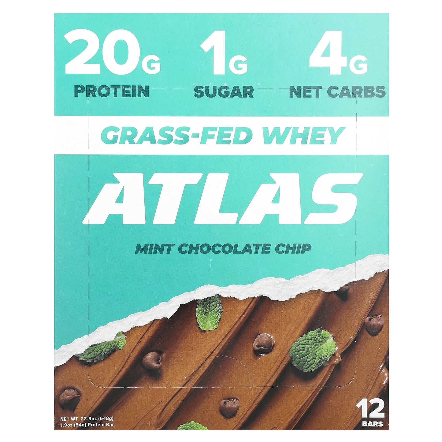 Atlas Bar-Grass-Fed Whey Protein Bar-Mint Chocolate Chip-12 Bars-1.9 oz (54 g) Each