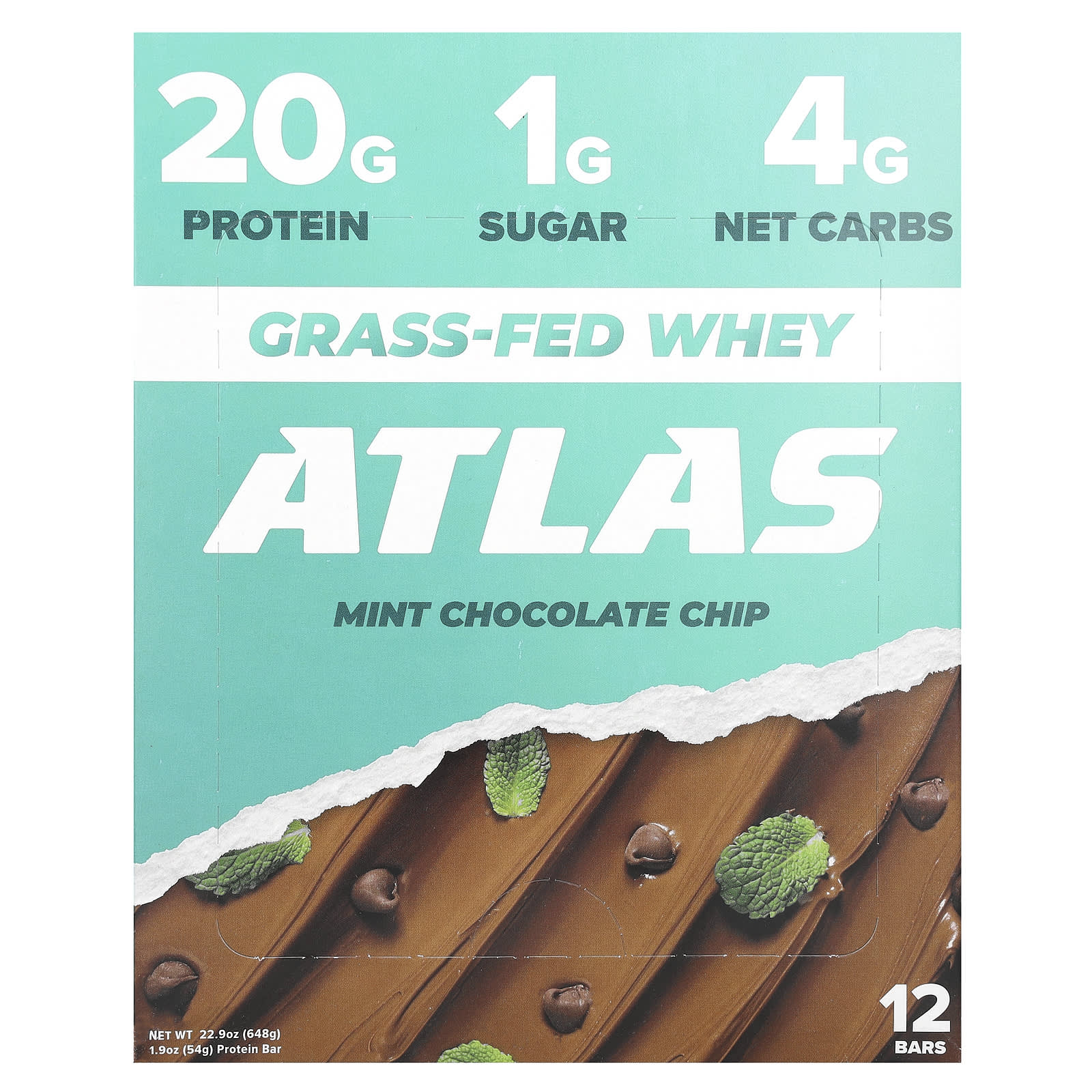 Atlas Bar-Grass-Fed Whey Protein Bar-Mint Chocolate Chip-12 Bars-1.9 oz (54 g) Each