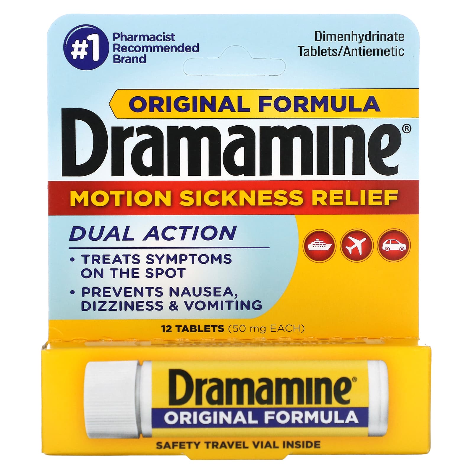 Dramamine-Motion Sickness Relief-12 Tablets-50 mg Each