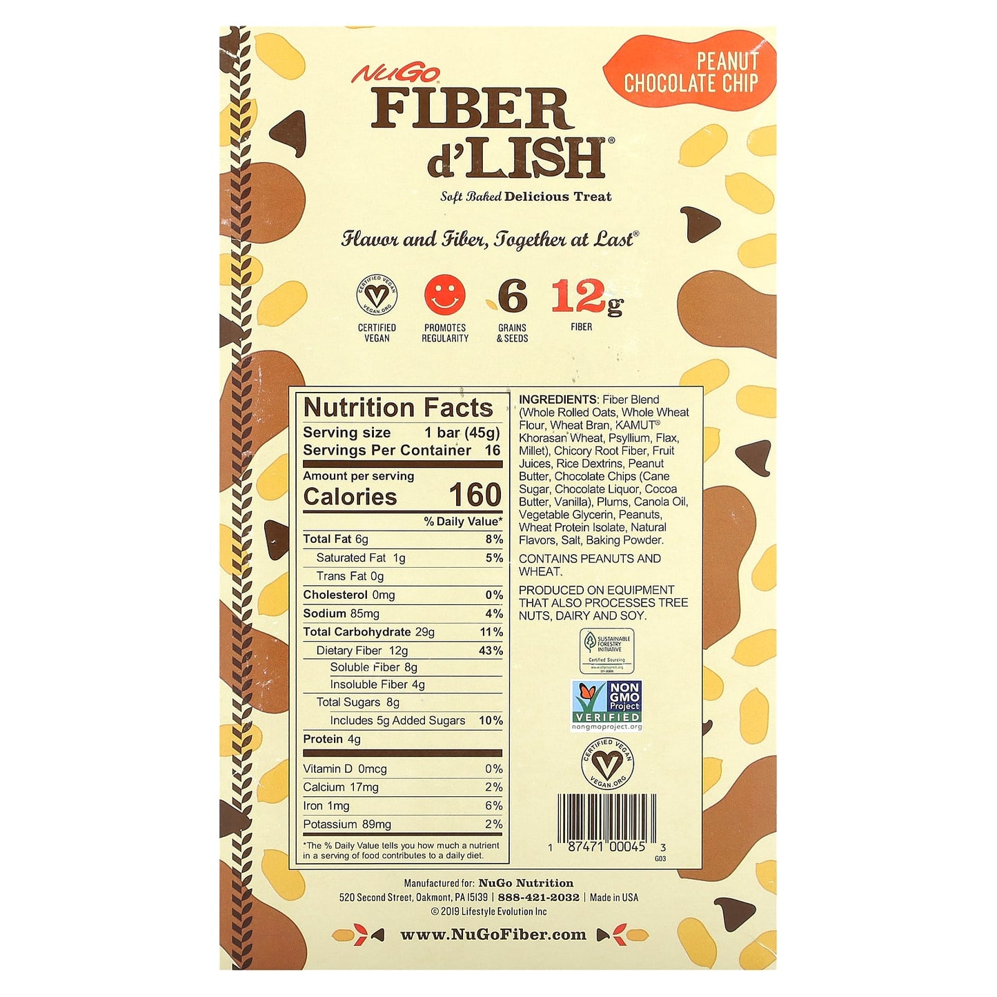 NuGo Nutrition, Fiber d'Lish, Peanut Chocolate Chip, 16 Bars 1.6 oz (45 g) Each