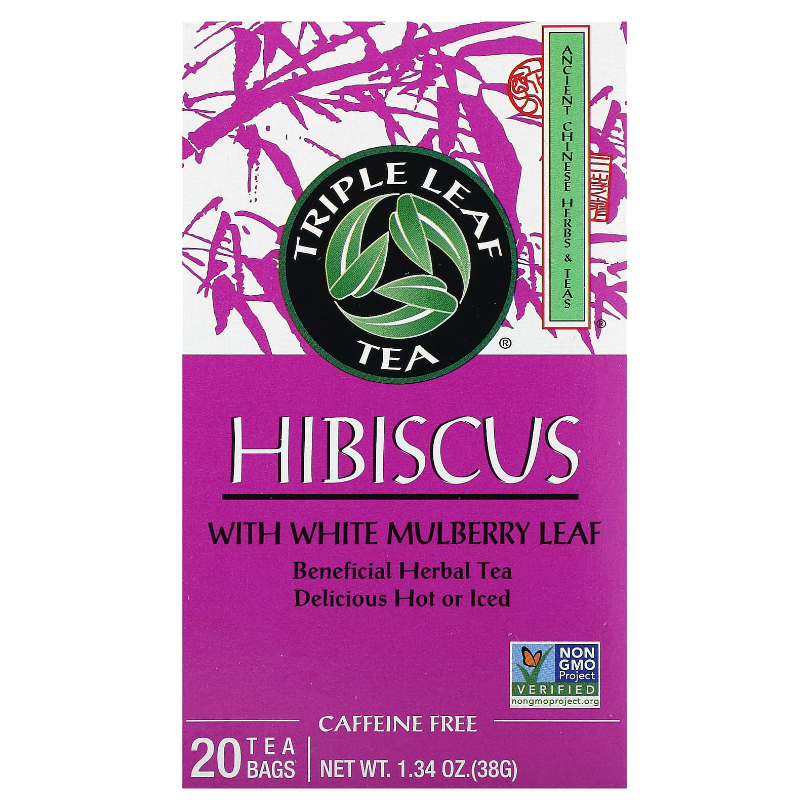 Triple Leaf Tea-Hibiscus With White Mulberry Leaf-Caffeine Free-20 Tea Bags-1.34 oz (38 g)