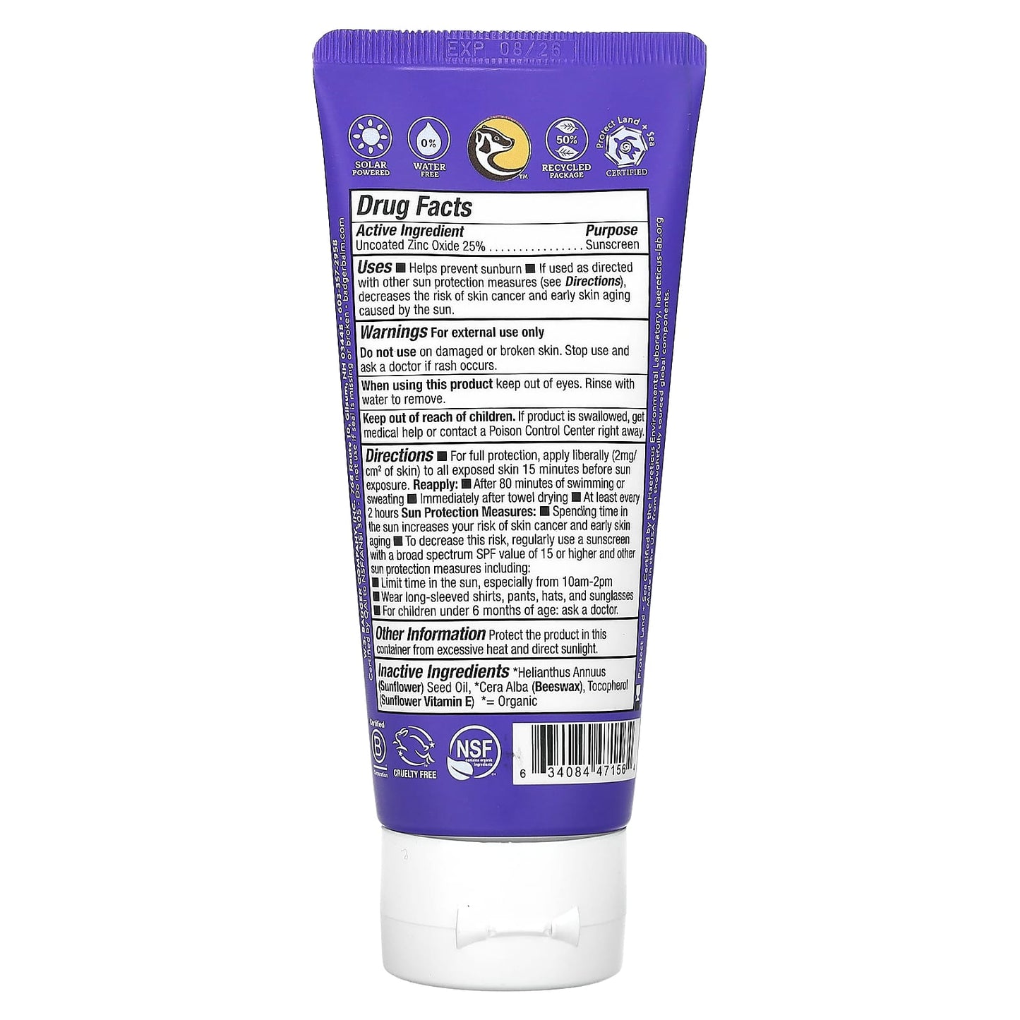 Badger Company, Adventure, Mineral Sunscreen Cream, SPF 50, Unscented, 2.9 fl oz (87 ml)