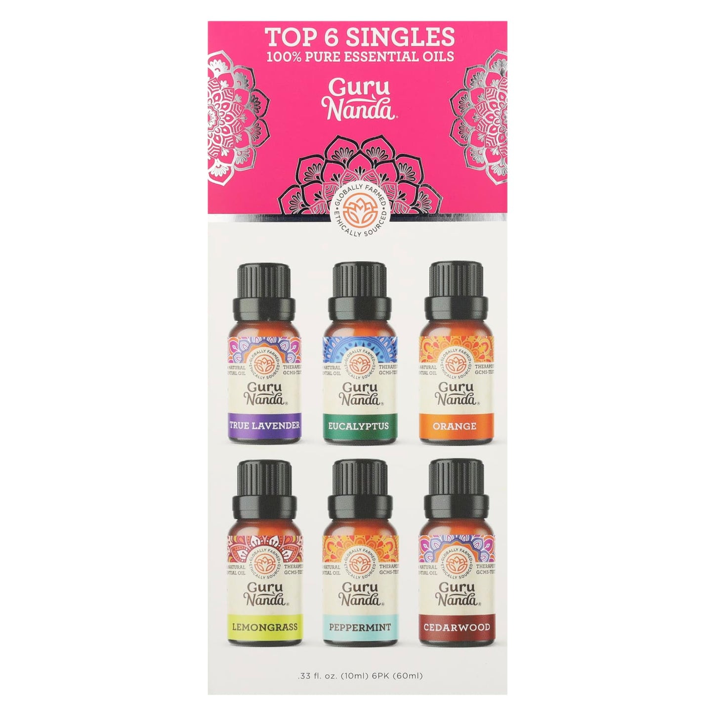 GuruNanda, Top 6 Singles 100% Pure Essential Oils , 6 Pack, .33 fl oz (10 ml) Each