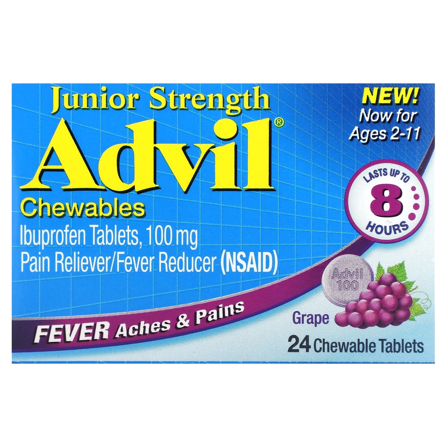 Advil-Junior Strength-Chewables-Ages 2-11-Grape-24 Chewable Tablets