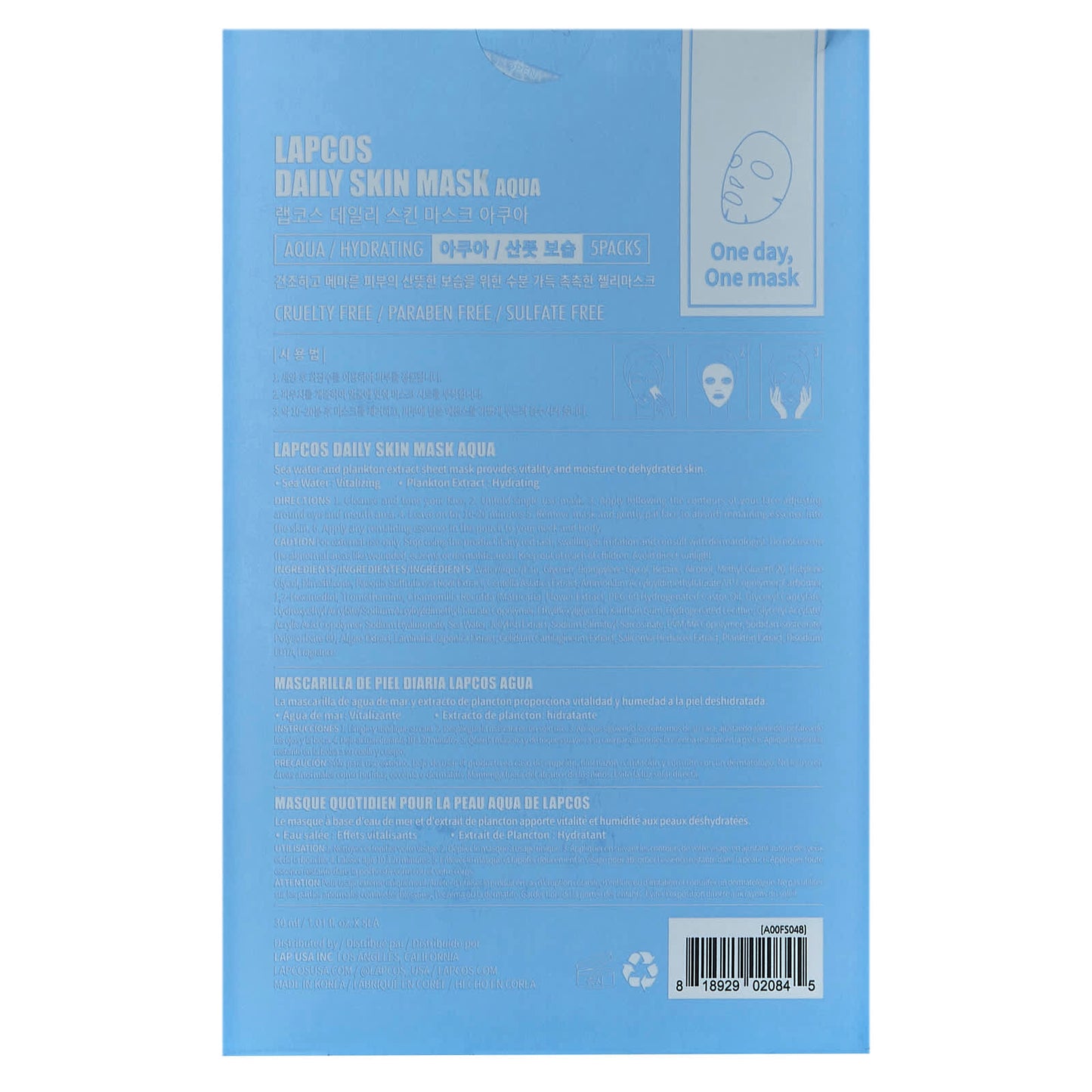 Lapcos, Aqua Beauty Sheet Mask Set, Hydrating, 5 Sheets, 1.01 fl oz (30 ml) Each