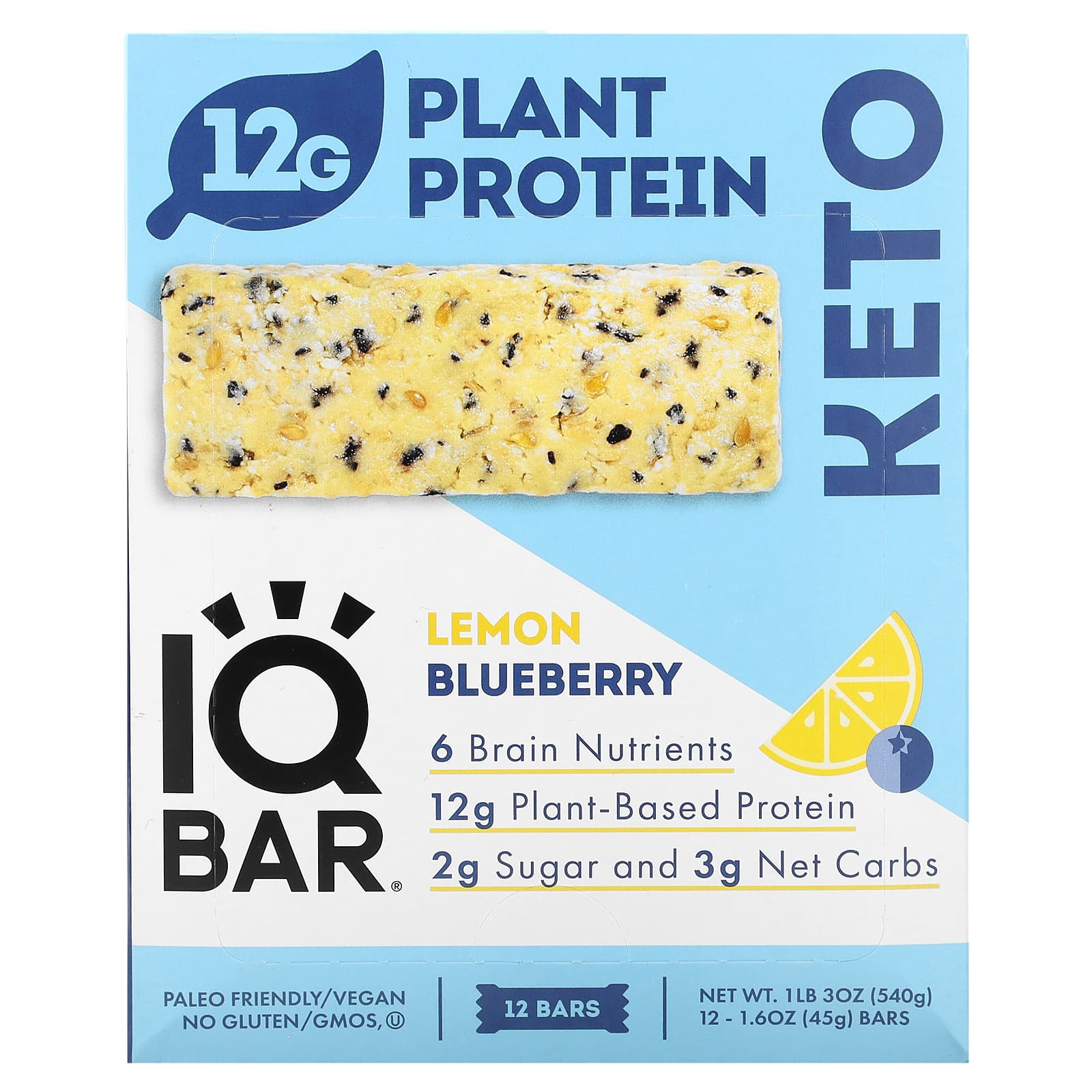 IQBAR-Plant Protein Bar-Lemon Blueberry-12 Bars-1.6 oz (45 g) Each