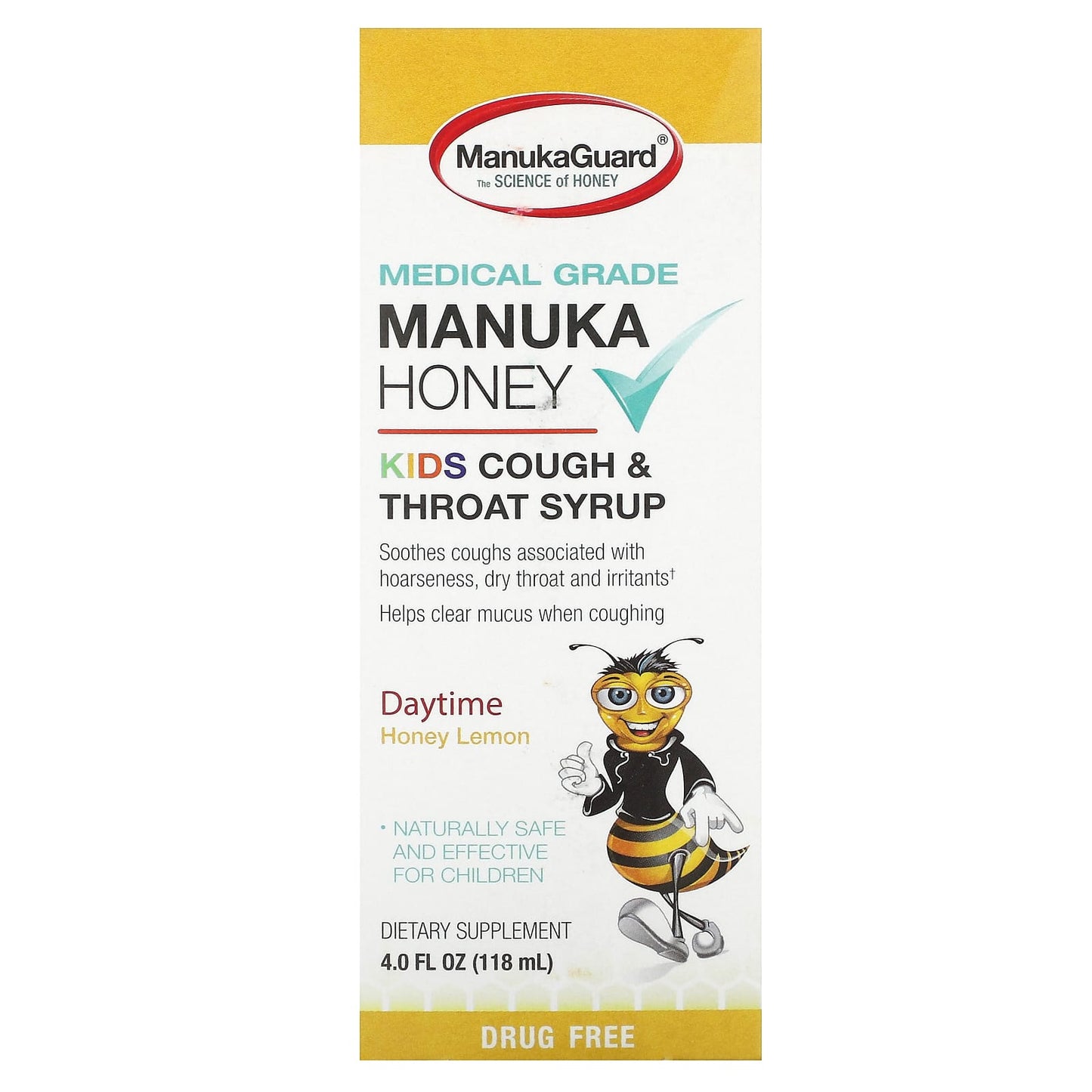 ManukaGuard-Manuka Honey-Kids Cough & Throat Syrup-Daytime-Honey Lemon-4 fl oz (118 ml)