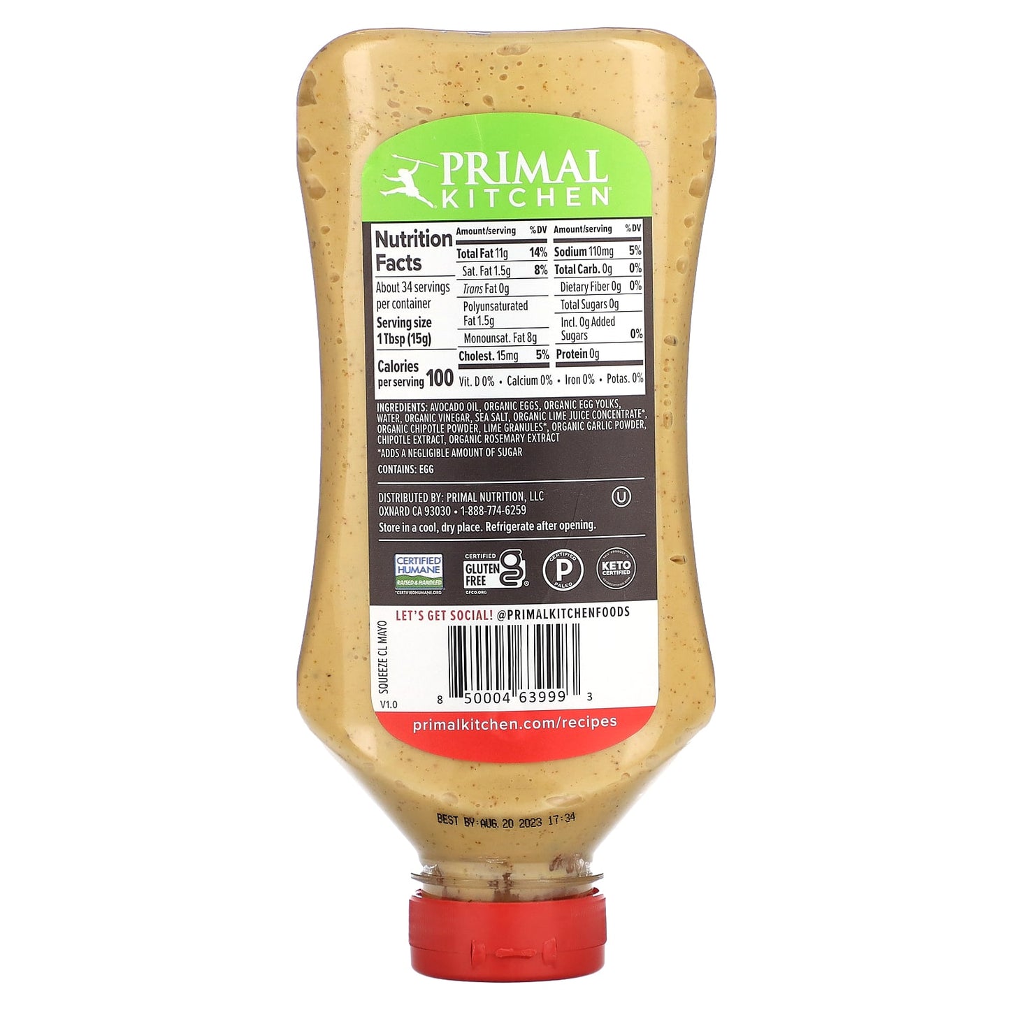 Primal Kitchen, Real Mayonnaise Made With Avocado Oil, Chipotle Lime, 17 fl oz (503 ml)