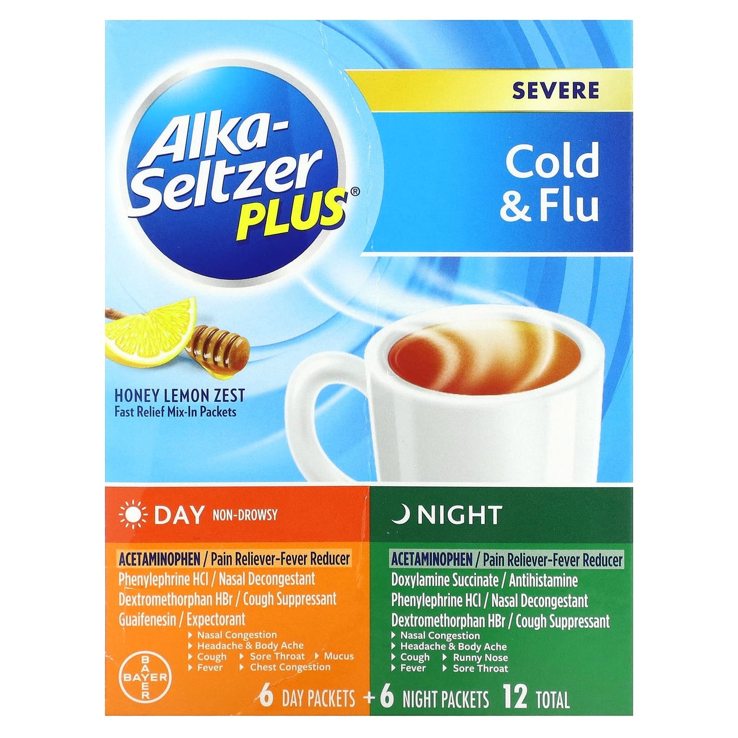 Alka-Seltzer Plus-Severe Cold & Flu-Day & Night-Honey Lemon Zest-12 Packets