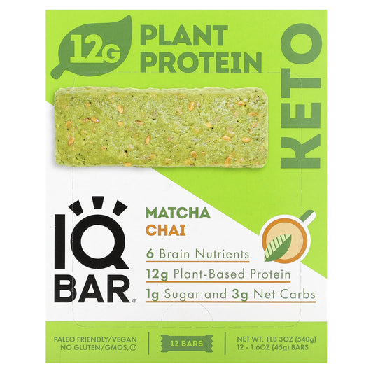 IQBAR-Plant Protein Bar-Matcha Chai-12 Bars-1.6 oz (45 g) Each