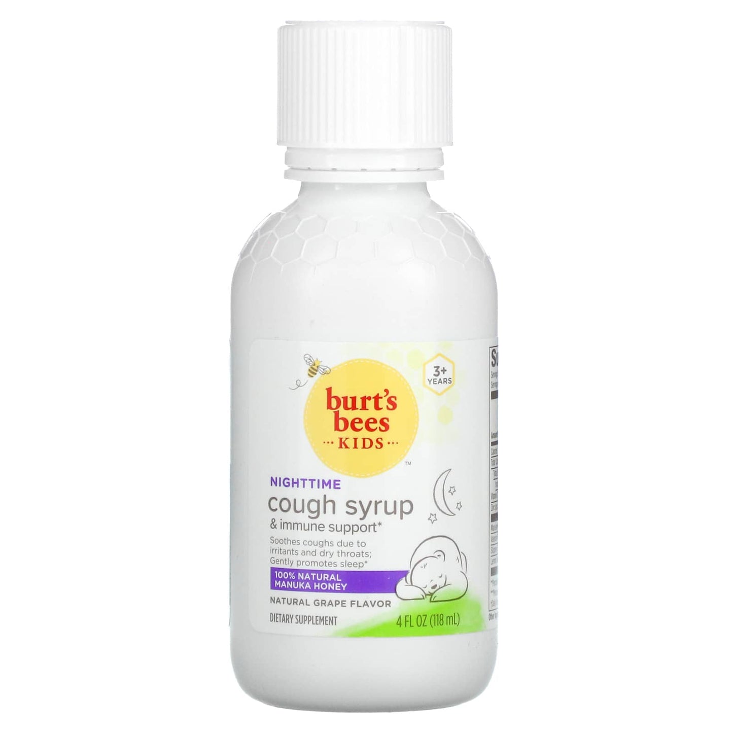 Burt's Bees, Kids, Cough Syrup & Immune Support, Nighttime, 3+ Years, Natural Grape, 4 fl oz (118 ml)