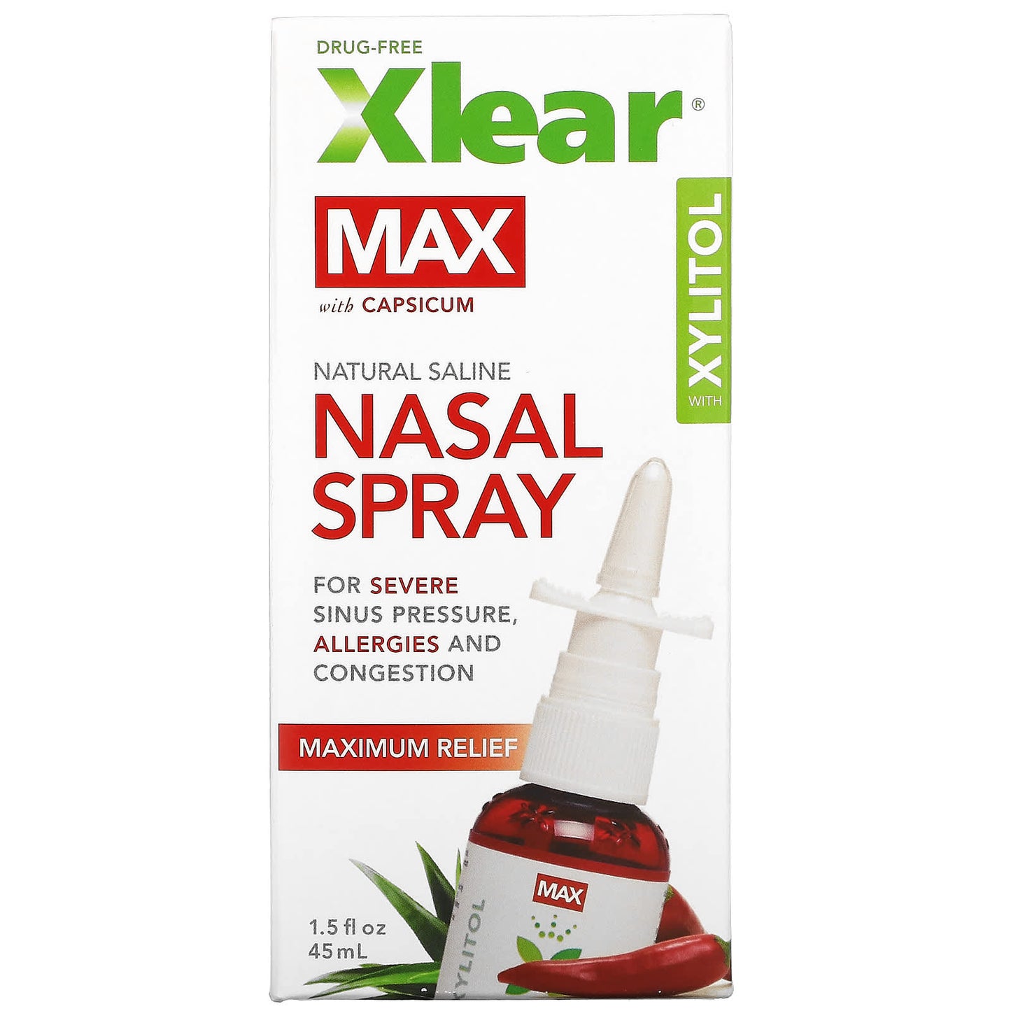 Xlear-Max-Natural Saline Nasal Spray with Xylitol-Maximum Relief-1.5 fl oz (45 ml)