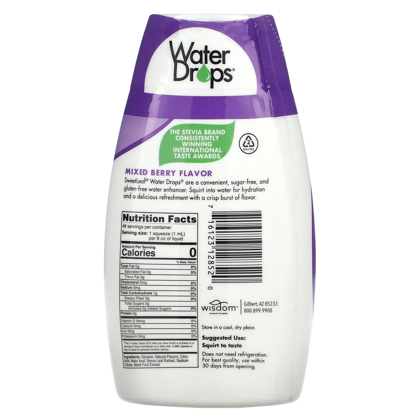 Wisdom Natural, SweetLeaf, Water Drops, Delicious Stevia Water Enhancer, Mixed Berry, 1.62 fl oz (48 ml)