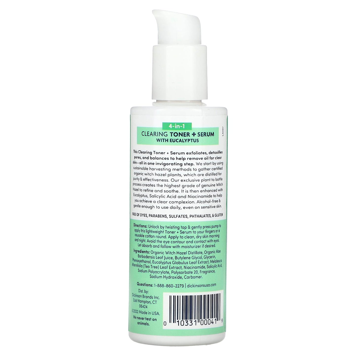 Dickinson Brands, Original Witch Hazel, 4-in-1 Clearing Toner + Serum with Eucalyptus, Alcohol Free, 4 fl oz (118 ml)