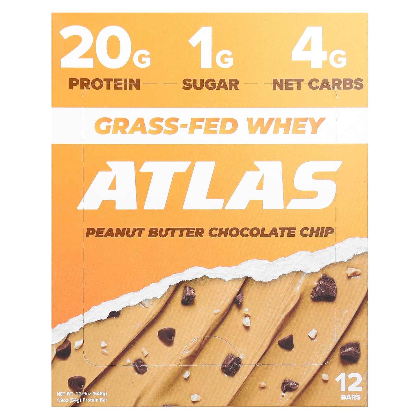 Atlas Bar-Grass-Fed Whey Protein Bar-Peanut Butter Chocolate Chip-12 Bars-1.9 oz (54 g) Each