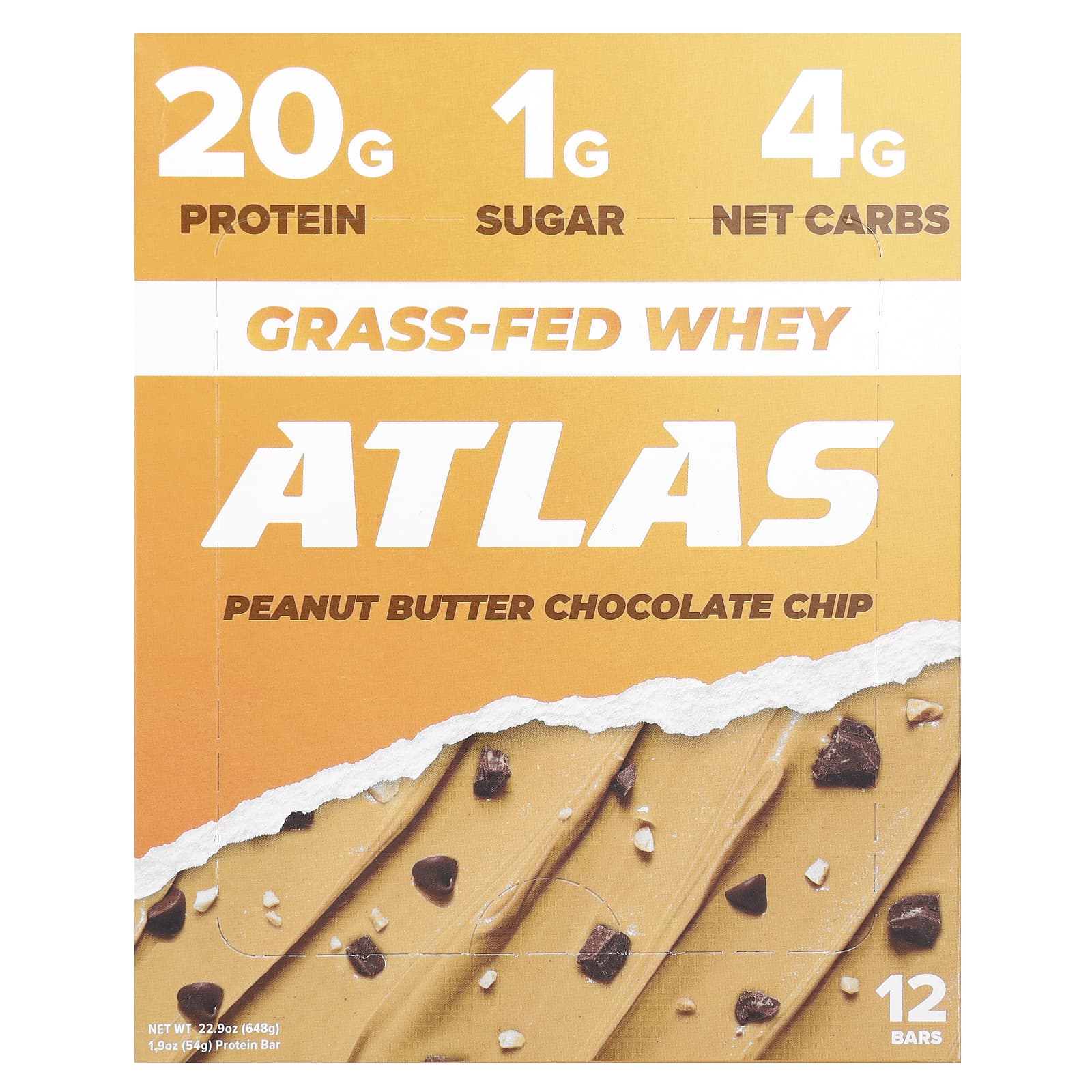 Atlas Bar-Grass-Fed Whey Protein Bar-Peanut Butter Chocolate Chip-12 Bars-1.9 oz (54 g) Each