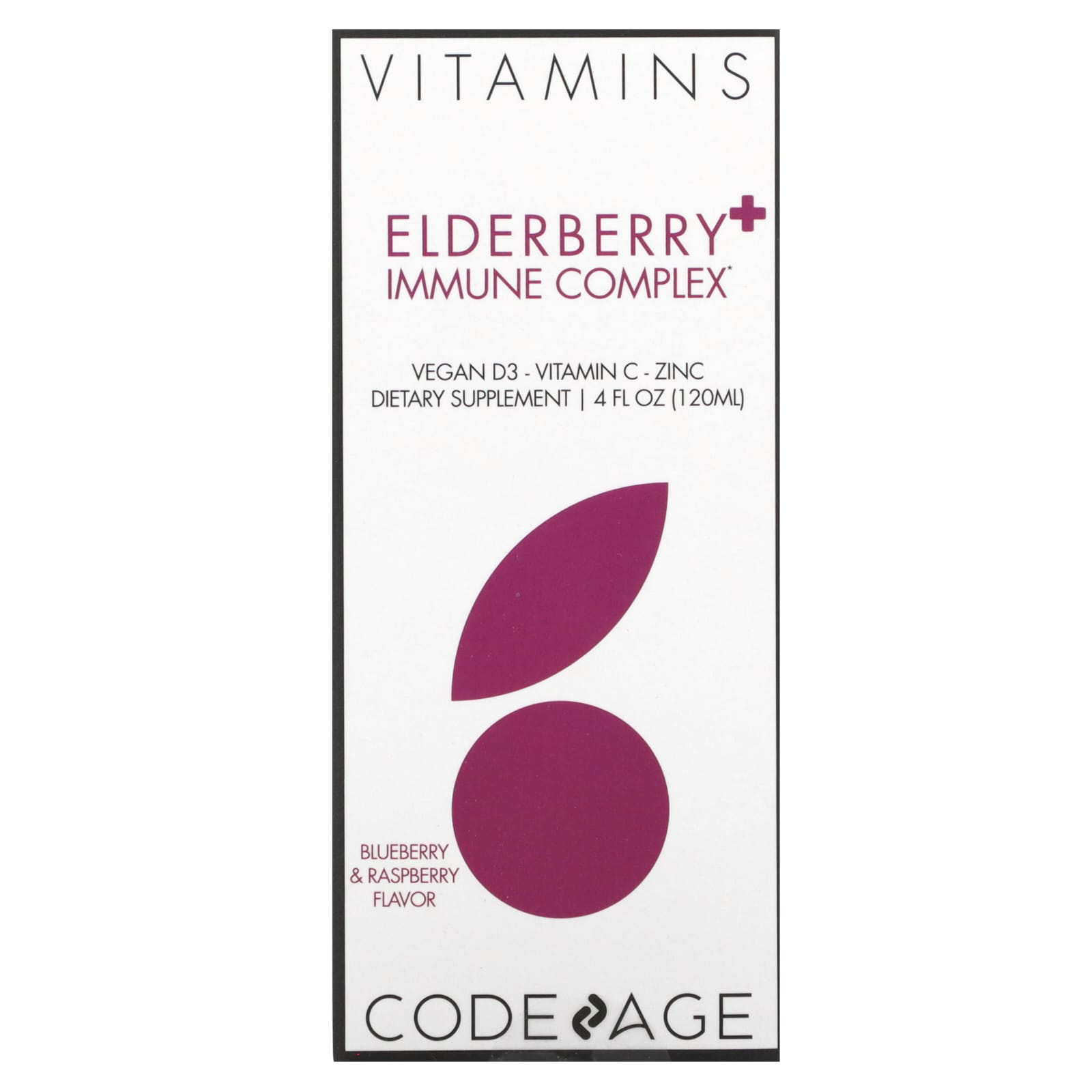 Codeage-Vitamins-Elderberry+ Immune Complex-Vegan D3-Vitamin C-Zinc-Blueberry & Raspberry-4 fl oz (120 ml)