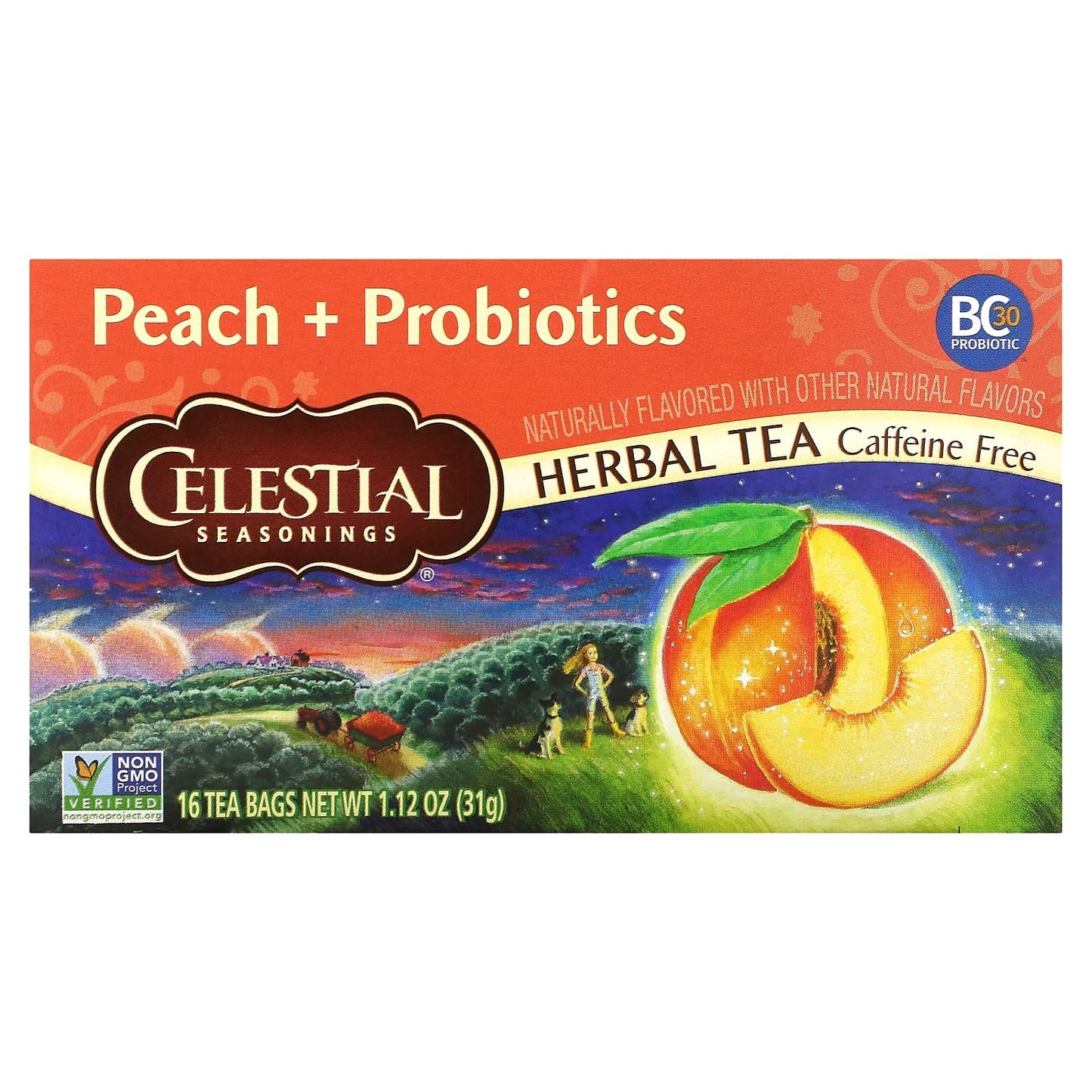 Celestial Seasonings-Herbal Tea-Peach + Probiotics-Caffeine Free-16 Tea Bags-1.12 oz (31 g)