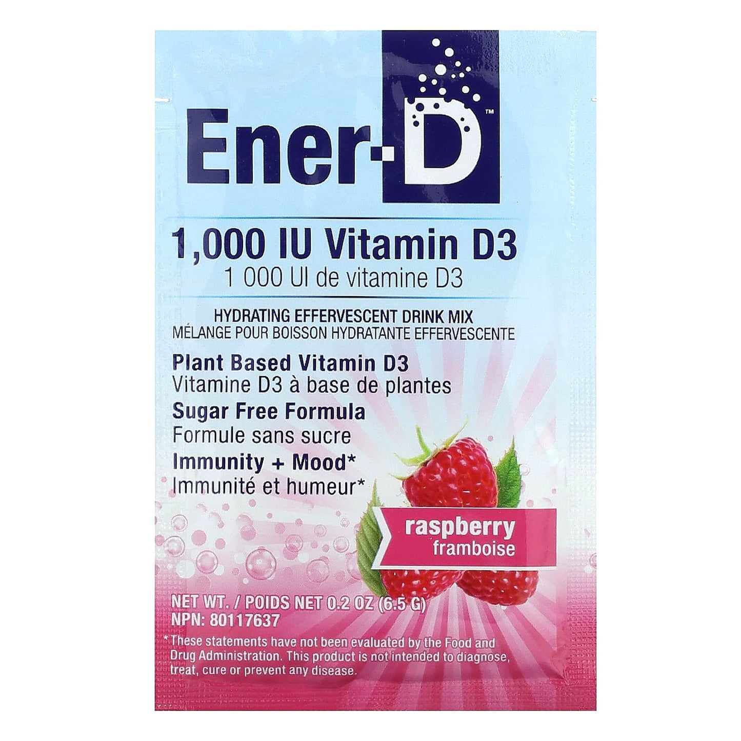 Ener-C, Ener-D, Vitamin D3, Hydrating Effervescent Drink Mix, Sugar Free, Raspberry, 1,000 mg, 24 Packets