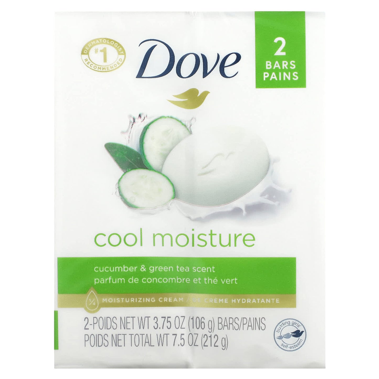 Dove, Cool Moisture Soap Bar, Cucumber & Green Tea, 2 Bars, 3.75 oz (106 g) Each