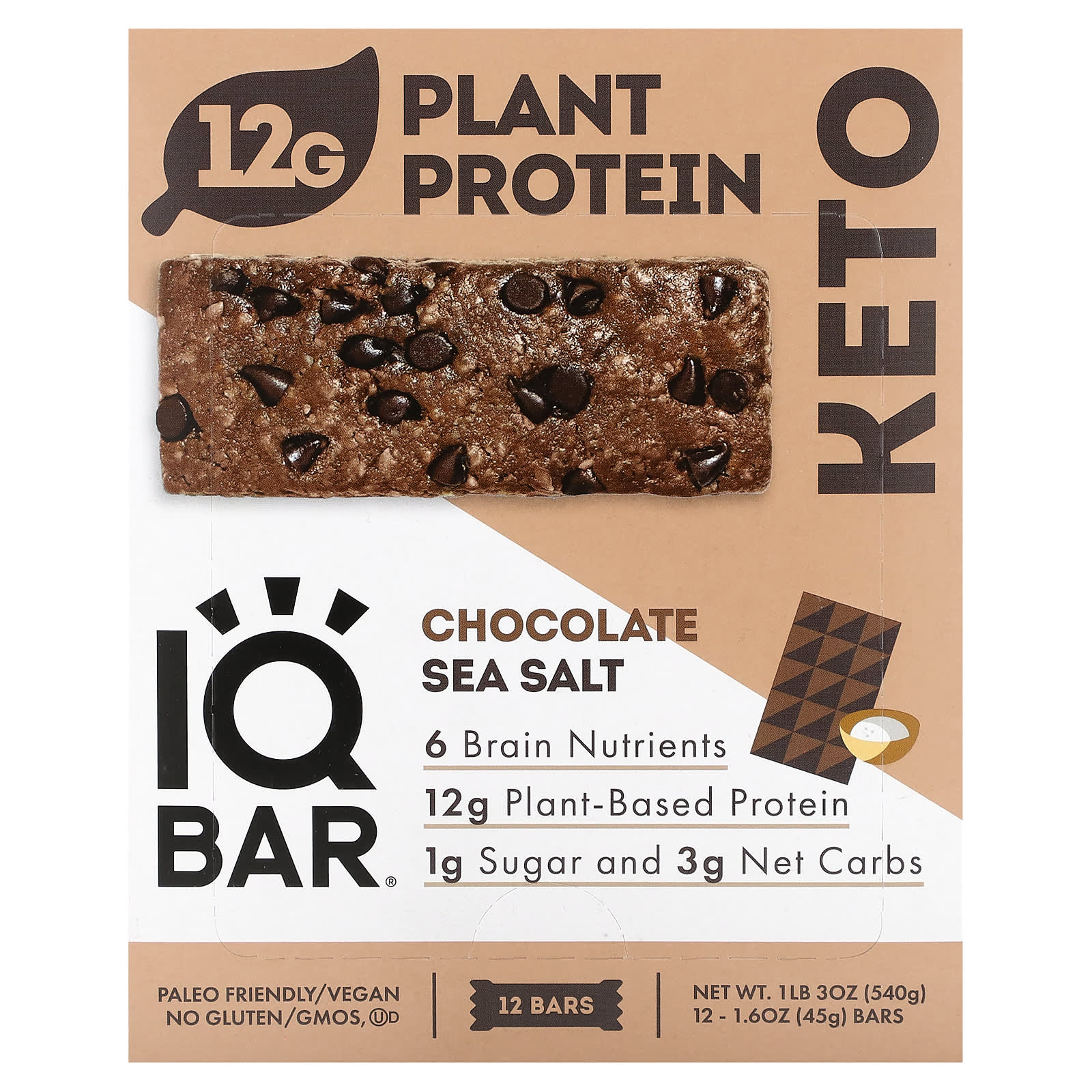 IQBAR-Plant Protein Bar- Chocolate Sea Salt-12 Bars-1.6 oz (45 g) Each