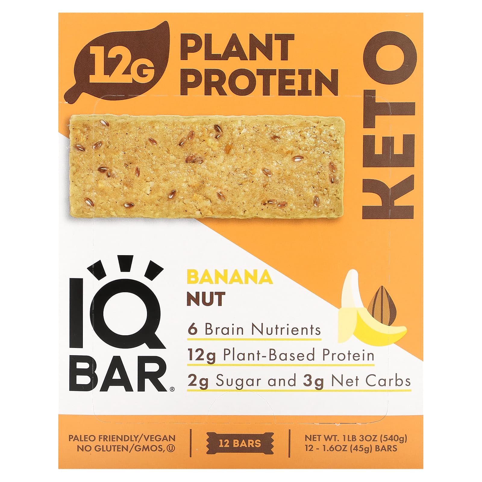 IQBAR-Plant Protein Bar-Banana Nut-12 Bars-1.6 oz (45 g) Each