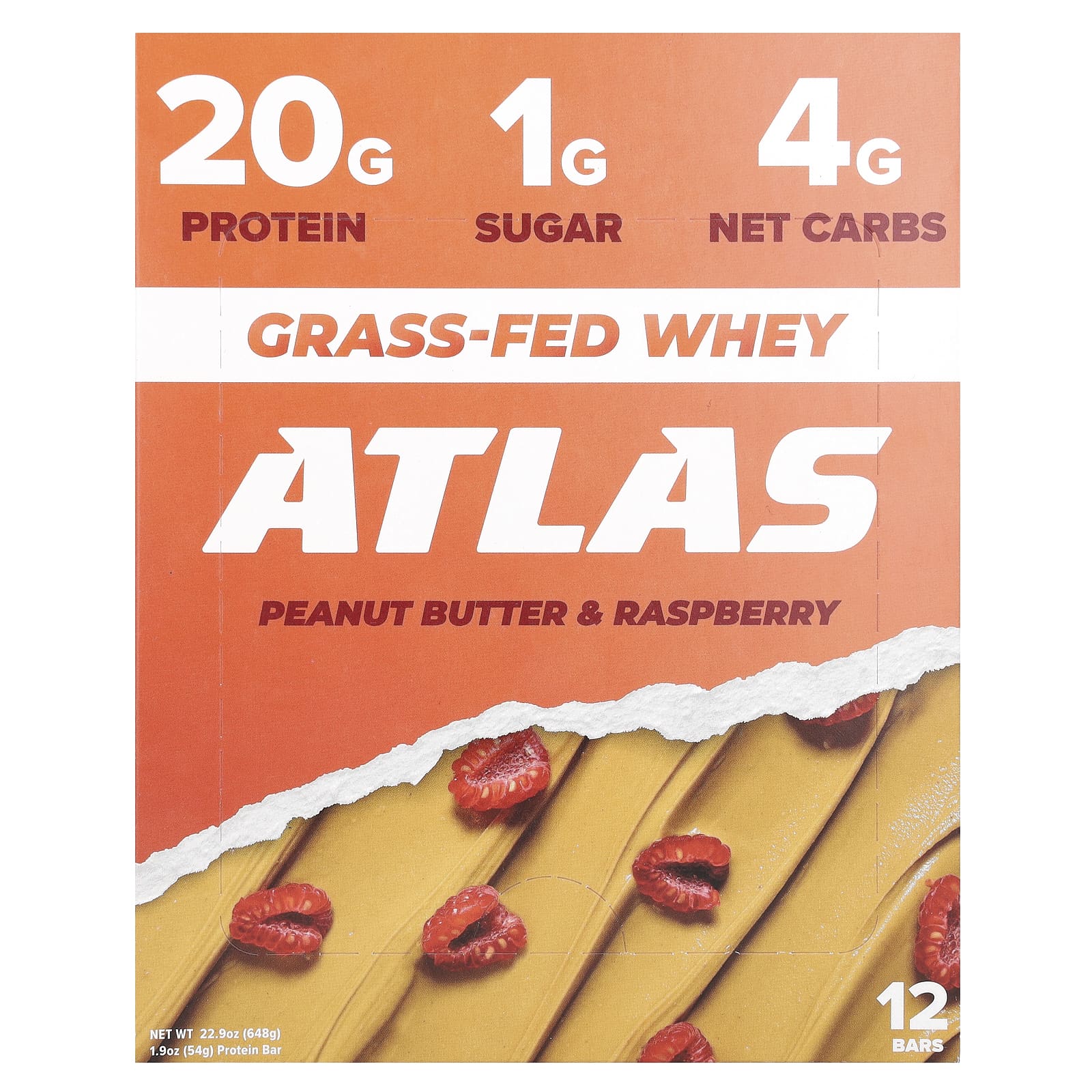 Atlas Bar-Grass-Fed Whey Protein Bar-Peanut Butter & Raspberry-12 Bars-1.9 oz (54 g) Each