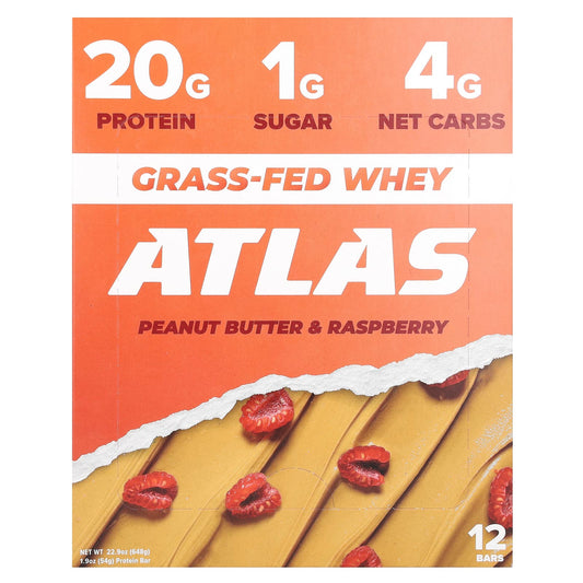 Atlas Bar-Grass-Fed Whey Protein Bar-Peanut Butter & Raspberry-12 Bars-1.9 oz (54 g) Each