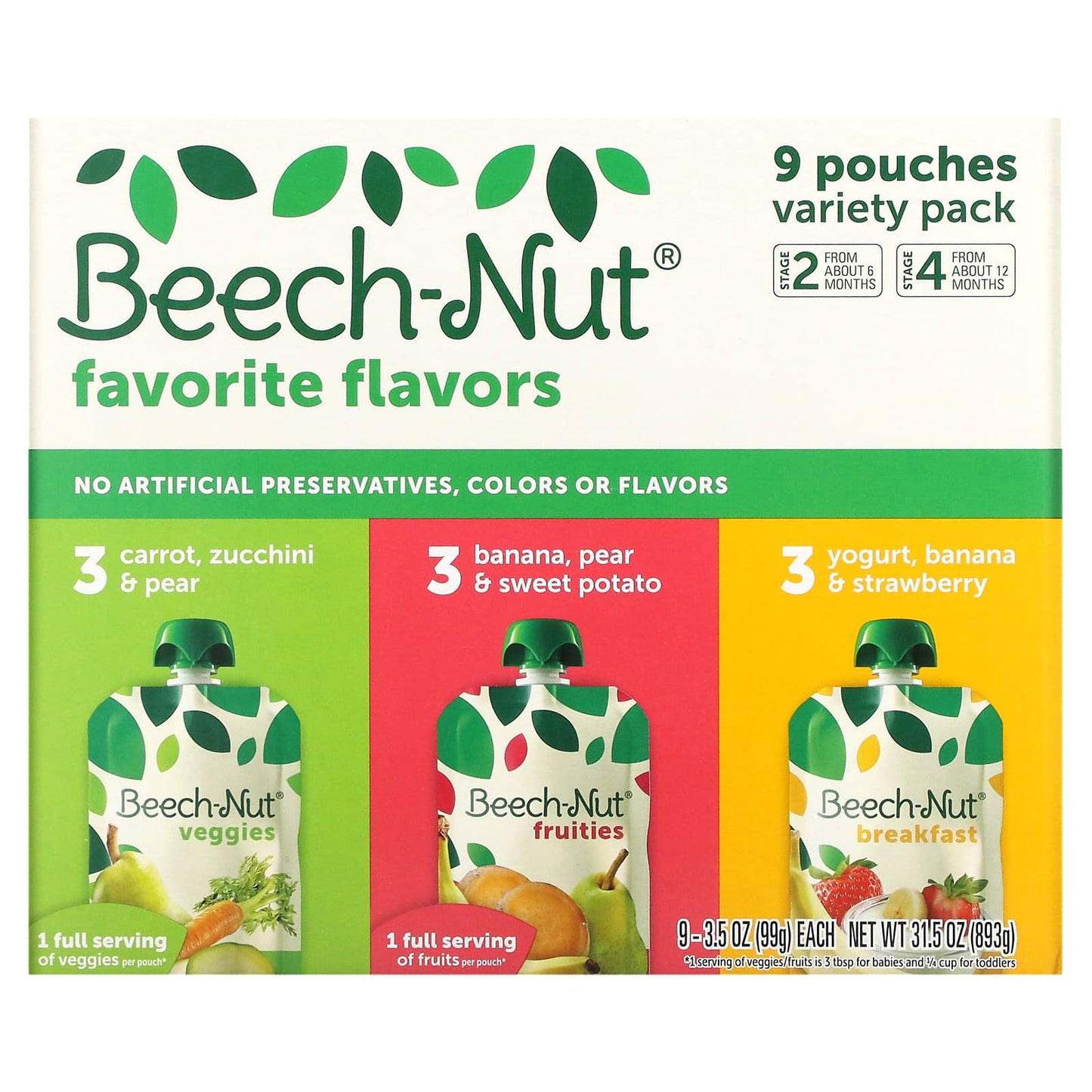 Beech-Nut-Favorite Flavors Variety Pack-6+ Months & 12+ Months-9 Pouches-3.5 oz (99 g) Each