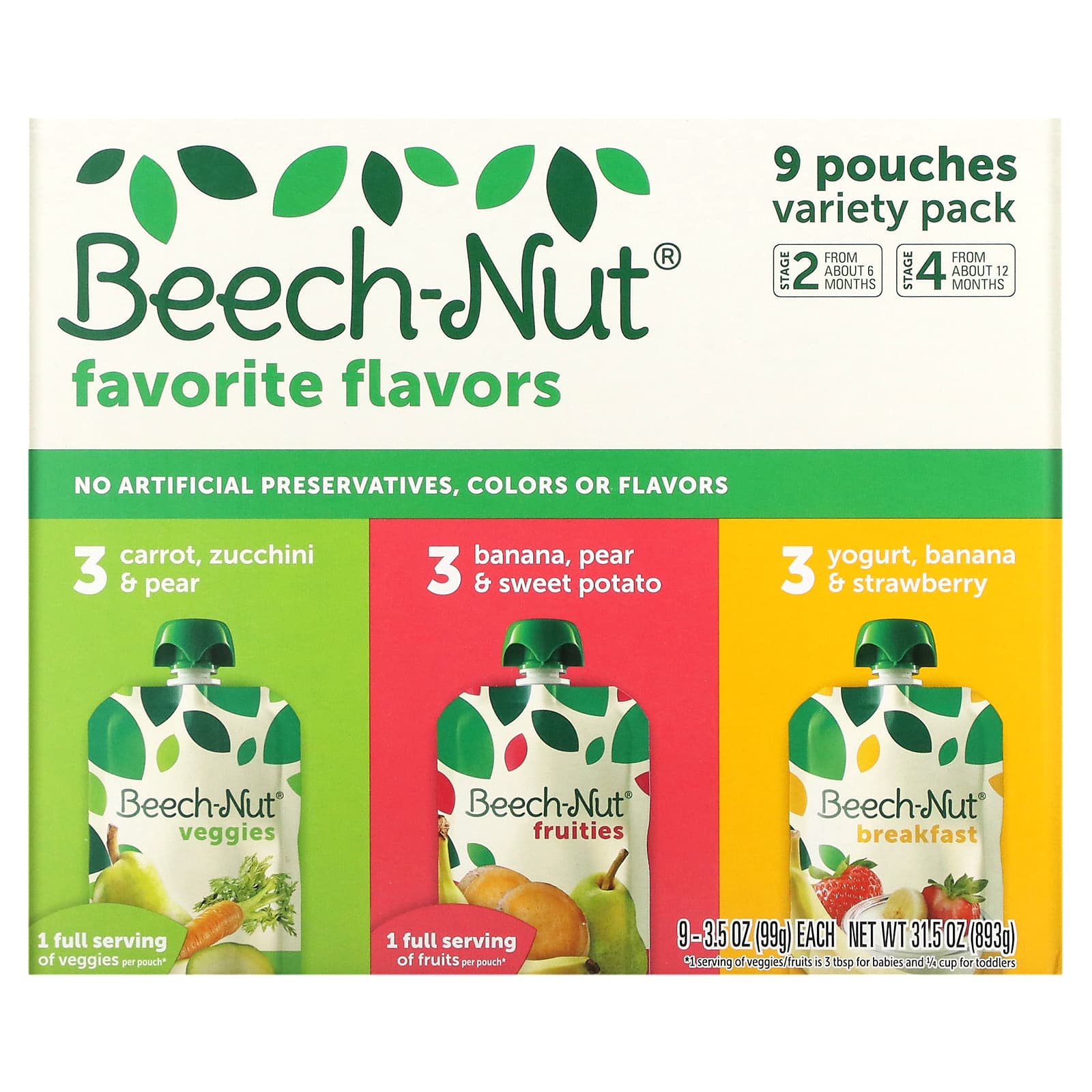 Beech-Nut-Favorite Flavors Variety Pack-6+ Months & 12+ Months-9 Pouches-3.5 oz (99 g) Each