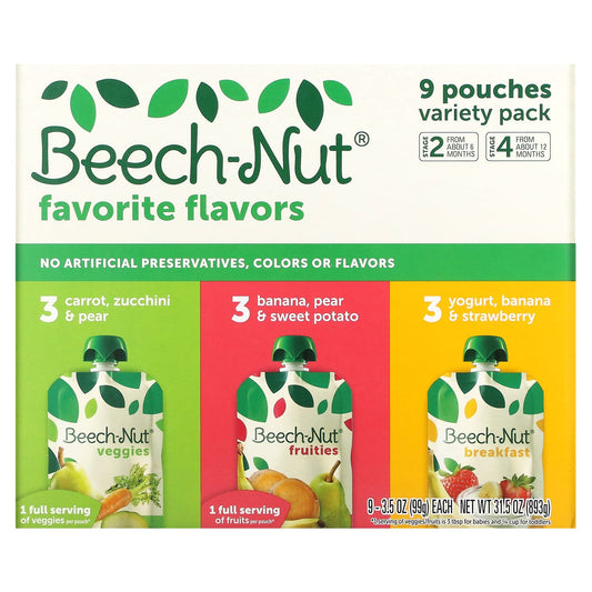 Beech-Nut-Favorite Flavors Variety Pack-6+ Months & 12+ Months-9 Pouches-3.5 oz (99 g) Each