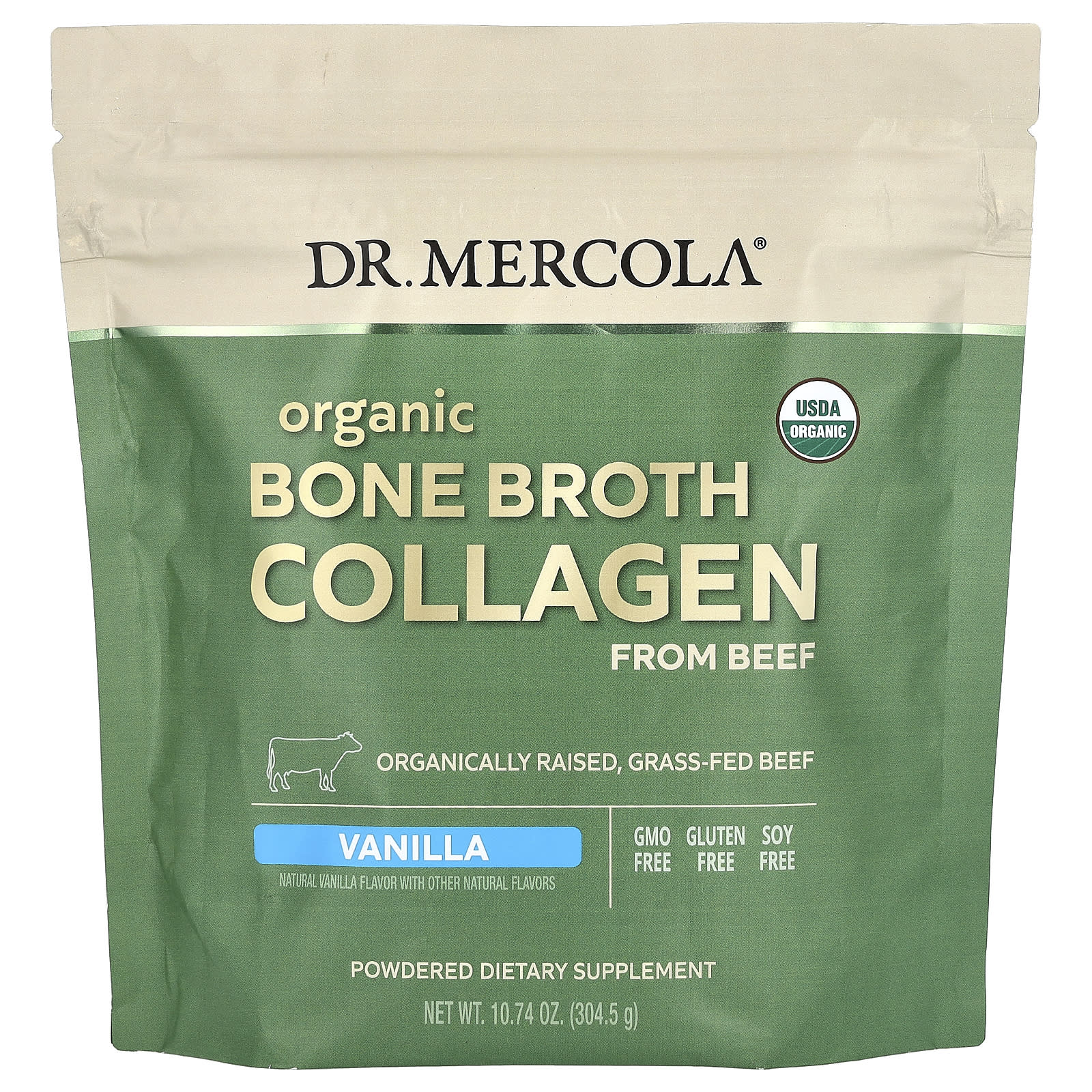 Dr. Mercola-Organic Bone Broth Collagen from Beef-Vanilla-10.74 oz (304.5 g)