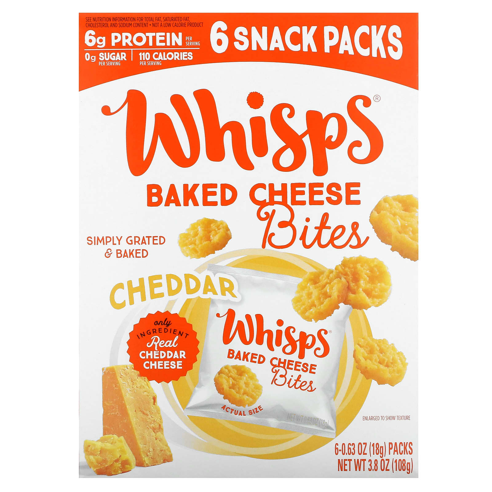 Whisps-Baked Cheese Bites-Cheddar -6 Snack Packs-0.63 oz (18 g) Each