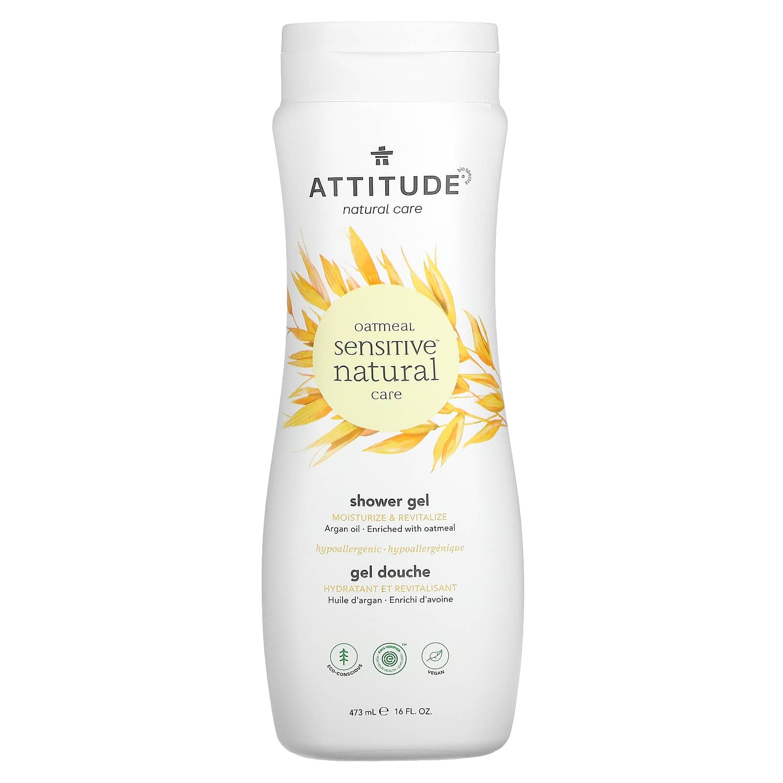 ATTITUDE-Oatmeal Sensitive Natural Care-Shower Gel-Moisturize & Revitalize-Argan Oil-16 fl oz (473 ml)