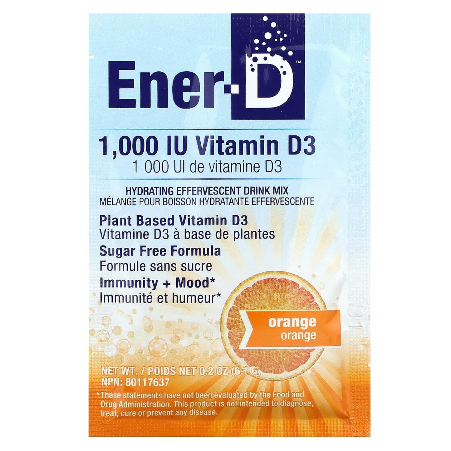 Ener-C, Ener-D, Vitamin D3, Hydrating Effervescent Drink Mix, Sugar Free, Orange, 1,000 mg, 24 Packets