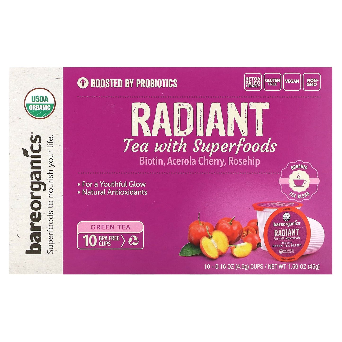 BareOrganics-Radiant-Tea with Superfoods-Green Tea-10 Cups-0.16 oz (4.5 g) Each