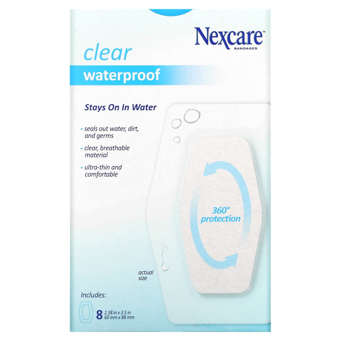 Nexcare, Clear Waterproof Bandages, Knee & Elbow, 8 Bandages