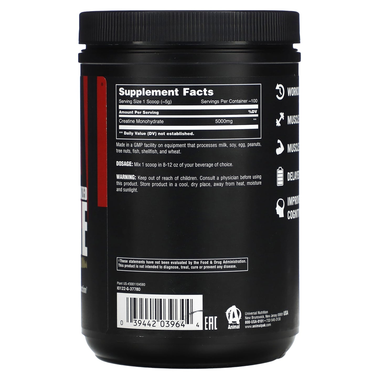 Animal, Micronized Creatine, Monohydrate Powder, Unflavored, 1.1 lb (500 g)